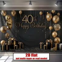 2D Black Gold Happy 40th Birthday Backdrop Balloon Confetti Party Decoration Banner 47.2x31.5inch/120*80cm gray
