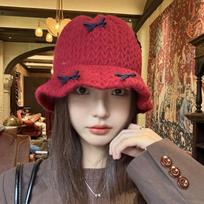 Women S Knit Fisherman Hat With Bow Warm Face Slimming One Size raudona