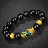 Vietnamese Sand Gold Pixiu Bracelet with Imitation Hetian Jade & Green Agate Beads, Women's Discoloring Stone, TikTok Style. black