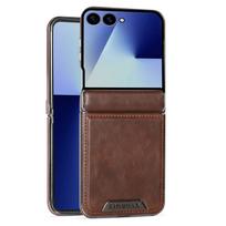 Aukščiausios kokybės karvės odos dėklas, skirtas Samsung Galaxy Z Flip 7 ZFlip 6 5, su vyrių apsauga, smūgiams atsparus mobiliojo telefono dėklas + aliuminio kraštas Galaxy Z Flip5 kava