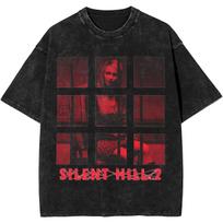 Vintage Washed Cotton T-shirt Silent Hill 2 Graphic T Shirts Oversized Short Sleeve Tee Shirt Men Women Tshirt L black