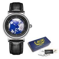 2023 m. LIGE vyriški laikrodžiai Fashion Blue Planet Creative Earth Quartz rankinis laikrodis Odinis sportinis vyriškas laikrodis + dėžutė pack-1 juoda