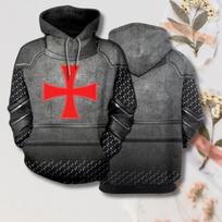 Templar Knight Armor Hoodie, Red Crusader Cross 3D Battle Suit Pullover, Medieval Warrior Cosplay Sweatshirt 5XL gray