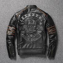Tikros karvės odos paltas Natūralios odos drabužiai Vyriški motociklai, išsiuvinėta kaukolė, motociklo striukė rudens azijietiškas dydis 6XL M gray