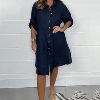 Moteriška medvilnės ir lino marškinių suknelė su sagomis - Mėlyna / 2XL