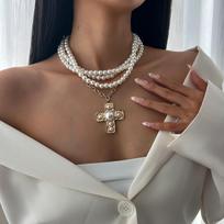 Design Liquid Metal Cross Pendant Necklace Femininity Slightly Inlaid Imitation Pearl Beaded Necklace brown