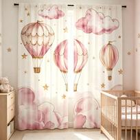 2PCS Digital Printed Curtain, Pink Hot Air Balloon Clouds and Stars, Dreamy Romantic Style Window Drapes for Girls Bedroom 75x166cmx2&Rod pocket &2 panels white