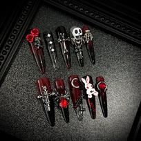 1PC Halloween Burgundy Long Skull Press-on Nails – Premium Handmade Wearable Nail Tips L gray
