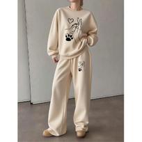 Women's Crewneck Sweatshirt & Drawstring Straight-Leg Pants 2-Piece Set, Printed Fall/Winter Lounge Set, Casual Daily Wear 5XL abrikosas