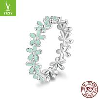 Spring Blue And Green Flower Ring, Light Luxury Small Fresh Flower 925 Sterling Silver Ring Jewelry. 9 US žalia