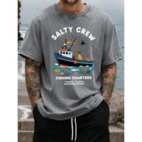 Salty Crew Žvejybos Čarteriai Spausdintas Vintažinis Išplautas Marškinėliai Vyrams Vasariniai Visur Tinkančios Streetwear Hip Hop Laisvi Marškinėliai 5XL gray