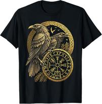 Norse Rune Huginn and Muninn Celtic Viking Compass Vegvisir T-Shirt L black