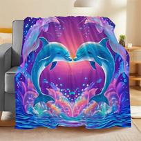 Contemporary Reversible Dolphin Ocean Print Flannel Throw Blanket, Soft, Warm, All-Season Knitted Polyester, Digital Print, with for Sofa, Home Leisur 100X130CM blue