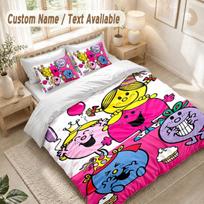 Mr. Men & Little Miss Bedding Set, 1 Duvet Cover & 2 Pillowcases Soft Comfortable Bedroom Home Textile Decor 135cmx200cm pink