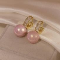 Pink Pearl Zircon U-Shaped Ear Cuffs - Geometric Design Pearl Slimming Earrings beige