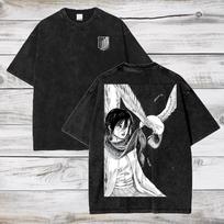 Attack on Titan Levi Ackerman Manga Panelė Vintažiniai skalauti Oversize Marškinėliai | Unisex Anime Gatvės Stiliaus Marškinėliai M mėlyna