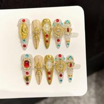 10Pcs French Stiletto Handmade Press On Nails With 3D Flower Decor Artificial False Nails Wearable Nail Tips beige
