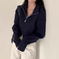 Women's Long Sleeve Cardigan Turn Down Collar Lazy Style Cable Knit Sweater Knitwear Outerwear ONE SIZE tamsiai mėlyna