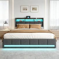 Lova 140×190 cm, su LED apšvietimu ir USB jungtimi, 4 stalčiais, lininis audinys, pilka.