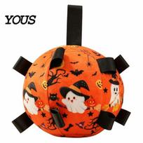 Interactive Pet Supplies Squeaky Dog Chew Ball Toy for Halloween, Bite Resistant Plush Toy, Toys with Webbing Handle Teething Small Medium Large orange