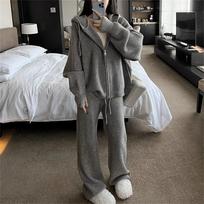 Lazy Style A Complete Set of Knitted Zipper Hooded Cardigan Outfit Ladies's Fall and Winter Casual Wide-leg Trousers Two-piece Outfit M pilka