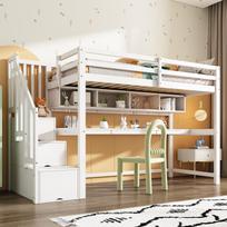 Vaikų dviaukštė lova su laiptais ir sandėliuku 90*200cm, Massyvas medis+MDF, Dviaukštė lova su dideliu rašomuoju stalu ir lentynomis, Ekologiški dažai, Balta 252 x 95 x 165 cm balta
