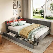 Lova 140 × 200 cm, sofa-lova, su LED apšvietimu, USB-C jungtimi ir 2 stalčiais, aksominė, pilka.