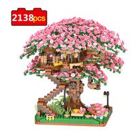 Augalai vazonuose, kaladėlės, plytos Miestas Mini Sakura Sukulentai Vyšnių žiedų namas Medžio modelis Statybiniai blokeliai Žaislai vaikams Kalėdinė dovana pink