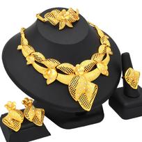 2026 Dubai 24K Gold Bridal Jewelry Set Middle East Women's Necklace Ring Earrings Bracelet Four-piece Set 45CM yellow