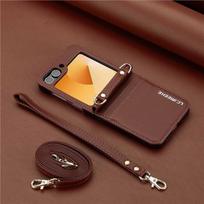 Compatible with Samsung Z Flip7/6 Leather Crossbody Strap Case, Z Flip5 Card Slot 3-Fold Cover. black