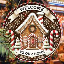 Welcome To Our Home Gingerbread House Round Wooden Hanging Sign, 2D Flat Printed Wall Door Ornament, Xmas Home Holiday Decor Gift brown