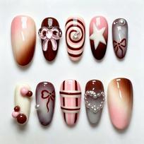24PCS Sweet Pink Gradient French Press on False Nails Brown Swirl Bow Plaid Almond Nail Tips with Pearl Ins Style Wearable Nails brown