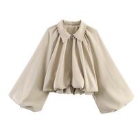 Womens Oversized Short Cropped Jacket With Balloon Sleeves Notched Collar - 2026 Streetwear Small chaki