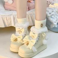 Žieminiai platforminiai sniego batai moterims Mados dizainerio lankelis Mieli pliušiniai šilti medvilniniai batai moterims Saldžios mergaitės Lolita Ankle Boots 39 geltona