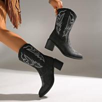 New Embroidery Botas Mujer Faux Leather Cowboy Ankle Boots for Women Wedge High Heel Boots Snake Print Western Cowgirl Boots 36 juoda