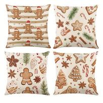 4 Christmas Polyester Pillowcase Set Gingerbread Pattern Festive Decor For Home Sofa Couch Holiday Season Cozy Atmosphere Peach skin 18*18(CM)-1Pcs beige