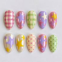 24PCS Almond Press on Nails Colorful Polka Dots 3D Cute Cartoon Cat Star Button Designs False Nails Ins Style Nail Tips Wearable pink