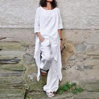 Moteriškas medvilninis lino rinkinys Vintage Fashion netaisyklingas viršus su aukštu juosmeniu plačiomis kelnėmis 2 dalių rinkinys Atsitiktinis elegantiškas moteriškas vienspalvis rinkinys M white
