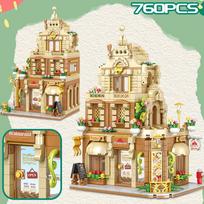 City Street View Coffee Burger Shop Hotel Model Building Blocks DIY Architecture Commercial Street Bricks Toys Adult