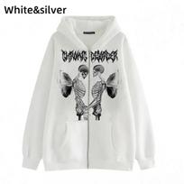 Hoodies Coat Womens Fun Skeleton Butterfly Patchwork Zip Up Hooded Jacket Loose Comfy Oversized Sweatshirt Girls Long Sleeve Top 2XL white