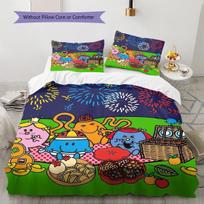 Mr. Men and Little Miss Pattern Bedding Quilt Set  Home Decoration  Gift (1 * duvet cover + 2 * pillowcase  without core) 155x200cm green