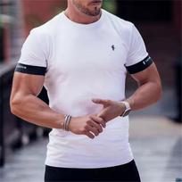 Male Fitness Bodybuilding Shirt Workout Tee Tops Summer Clothing Gym T-shirt Men Short Sleeve T-shirt Casual Slim T Shirt XS balta