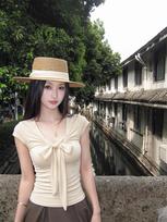 Gram cotton pure desire U-neck front shoulder short-sleeved T-shirt women's summer fashion bow slim-fitting and thin waist top XL abrikosas