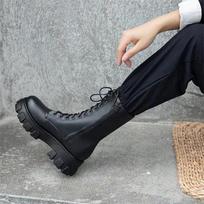 Women Autumn Fashion Lace-up Ladies Chelsea Zipper Botas Mujer Boots Sports PU Leather Platform Heel Ladies New Mid Calf Boots 35 juoda