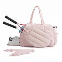Quilted Athletic Duffel Padded Racket Bag Zippered Compartments for Tennis, Badminton, Lotus Pink gray