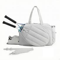 Quilted Athletic Duffel Padded Racket Bag Zippered Compartments for Tennis, Badminton, Light Grey gray