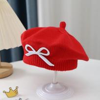 Cotton Kids Beret Hat Bowknot Decoration Bow Knit Headwear Cute Girls Painter Cap  Girl raudona