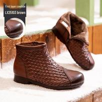2025 M. Rudens/Žiemos Vintažiniai Austi Karvės Odos Ankle Boots: Natūrali oda, Storas padas, Užtrauktukas, Rankų darbo moteriška mada 35 ruda