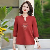 Spring Middle-Aged Women's Chinese Style Blouse Embroidery Mandarin Collar 3/4 Sleeve Casual Top XL raudona