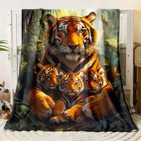 Tiger Family Flannel Throw Blanket-Soft Polyester, Digital Print, Lightweight, All-Season Comfort for Sofa, Bed, Travel, Office-Machine Washable, Chun 75X95CM gray